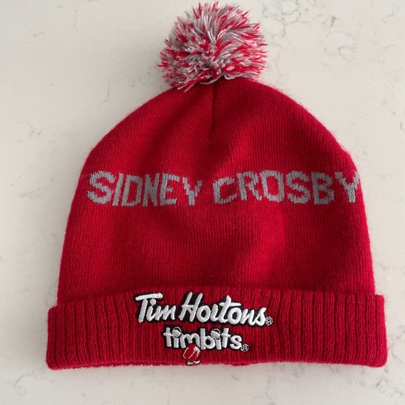 Tim Hortons Sidney Crosby Knit 100% Acrylic Toque w Pom Pom Red Grey White Sz OS - Picture 2 of 10